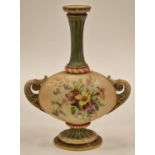 Royal Worchester Two handled long neck cabinet vase with floral decoration 23cm tall 18cm wide 8cm