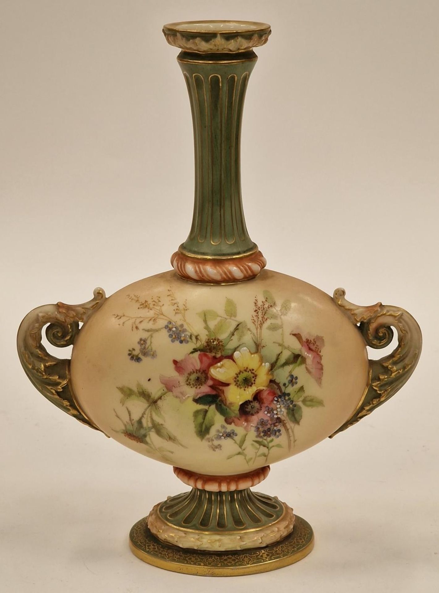 Royal Worchester Two handled long neck cabinet vase with floral decoration 23cm tall 18cm wide 8cm