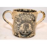 Antique Staffordshire pottery The Farmers Arms loving cup - God Speed the Plough. 10cms tall