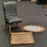 Vintage leather chair together with a gilt framed glazed picture frame and a gilt framed mirror (3).