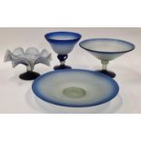 4 pieces of blue frosted glass including a wave bowl
