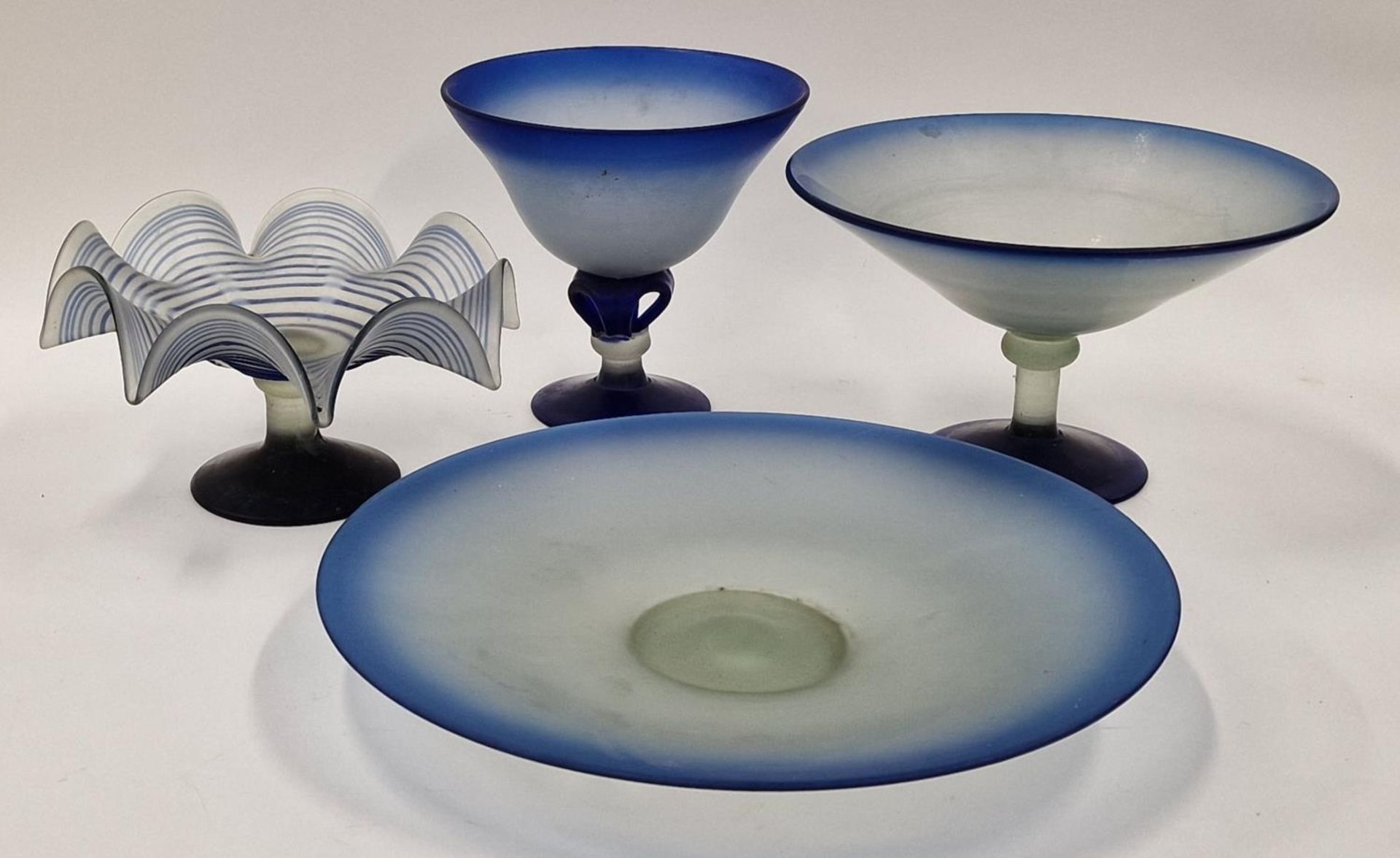 4 pieces of blue frosted glass including a wave bowl