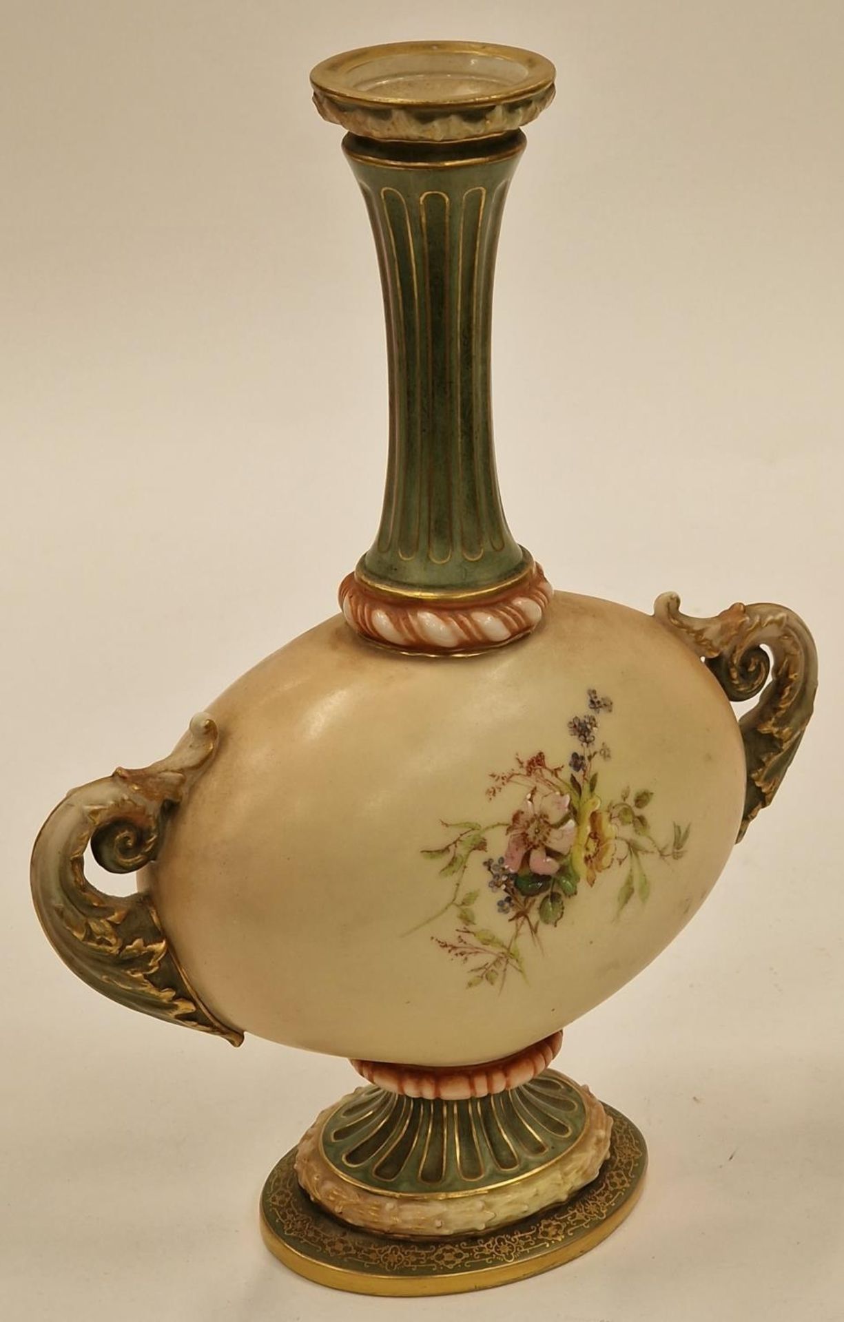 Royal Worchester Two handled long neck cabinet vase with floral decoration 23cm tall 18cm wide 8cm - Image 2 of 4