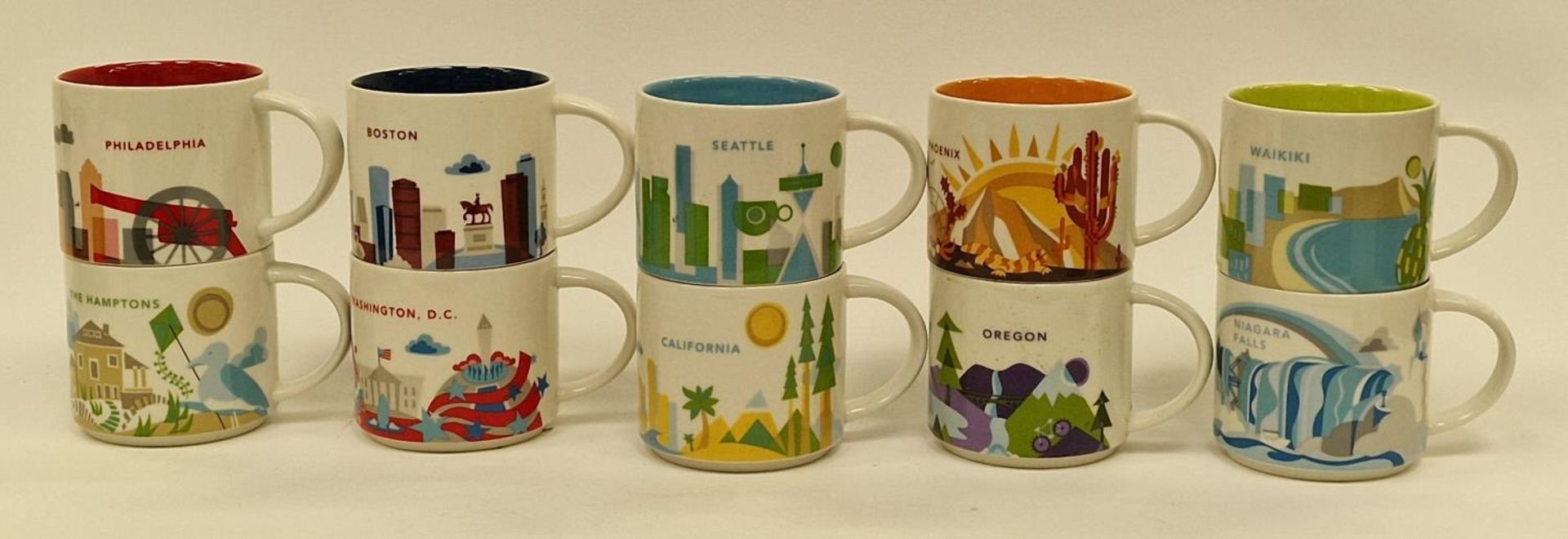 Starbucks "You Are Here" collection of U.S. porcelain mugs to include Philadelphia, Washington D.C.,