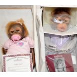 2 x Ashton Drake lifelike baby Orangutan dolls, Little Umi and Little Risa. Both boxed with