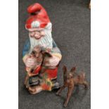 Large plastic garden gnome 78cm tall together with a small Bambi figure (2)