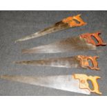 4 x Vintage wood working saws to include Spear and Jackson 26"