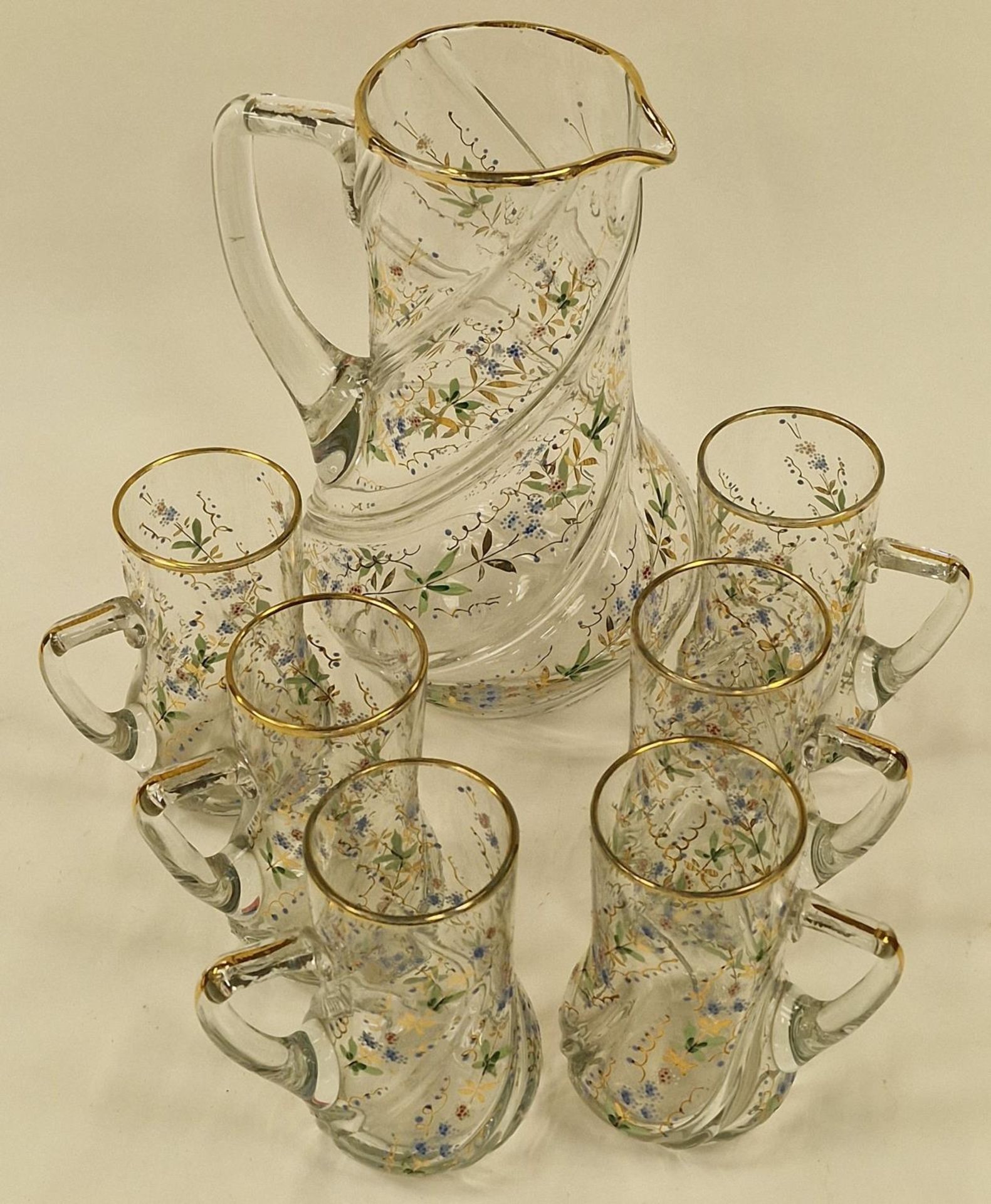 Vintage French mid 20th Century glass lemonade/drink set to include pitcher and six glasses with - Image 2 of 3