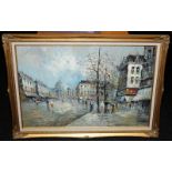 Large framed oil on canvas of a Parisienne autumn street scene. Signed to bottom right corner. O/all