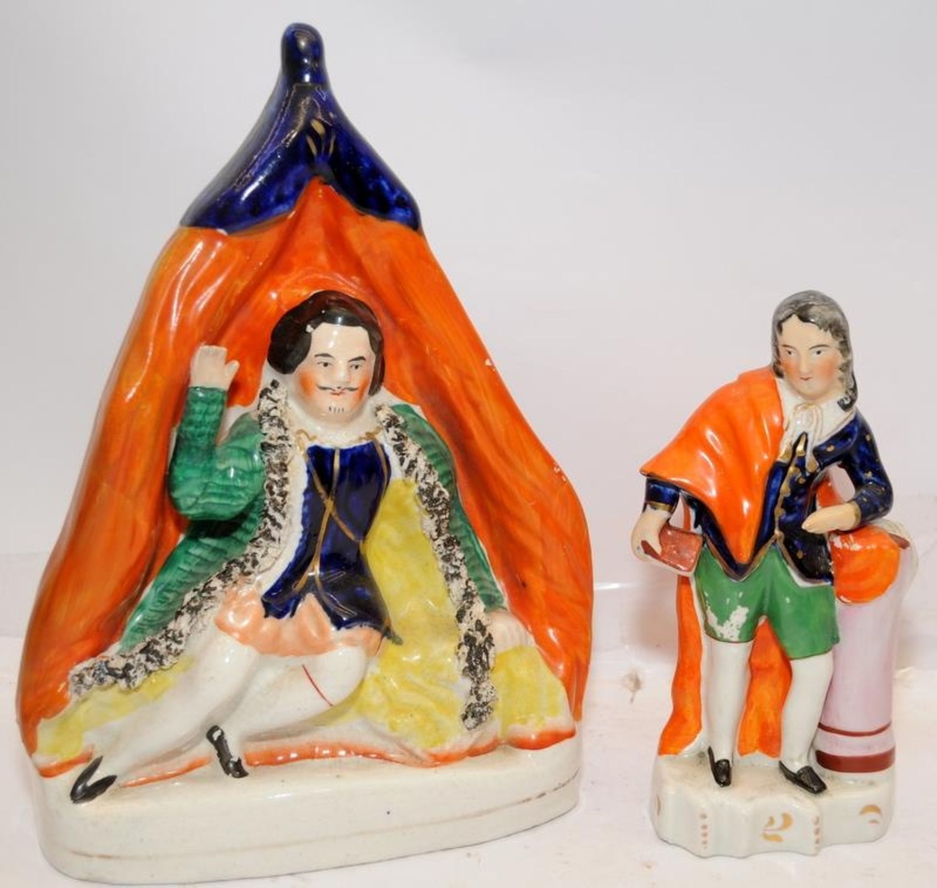 Two antique Staffordshire flatbacks. David Garrick as Richard III, 24cms tall, and thge English poet