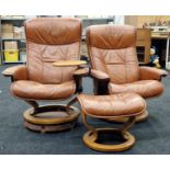 Ekornes Stressless chairs and foot stool in brown leather and side tray need a clean