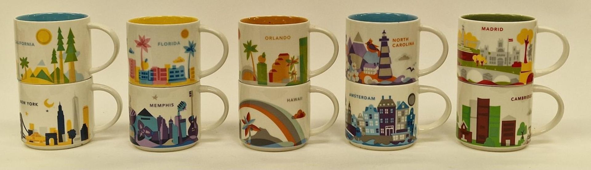 Starbucks "You Are Here" collection of U.S. and other porcelain mugs to include Amsterdam, Madrid,