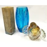 Three items of glassware to include Sklo blue vase.