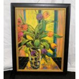 Large framed still life of a vase of flowers, acrylic on textured board. Signed Dougall to bottom