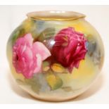 Antique small Royal Worcester blush ivory vase with gilded accents featuring hand painted roses.