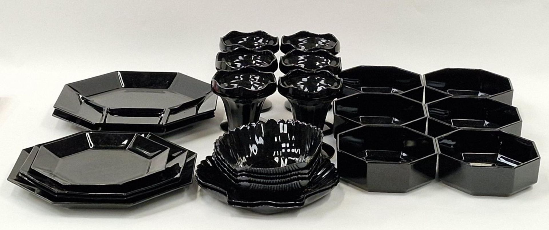 Arcopal/Arcoroc collection of Jet Black glassware to include clamshell plates, sundae dishes and