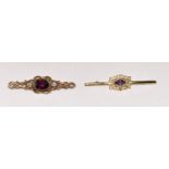 2 x 9ct gold Amethyst brooches 1 has Diamond either side 7g