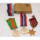 WW2 War Medal, Defence Medal and Burma Star c/w an OHMS dispatch box