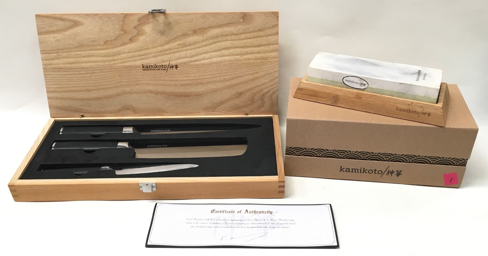 Set of "Kamikoto Knives" set in a ash wooden box. Blades in Honshu steel are 8", 7"and 5" with