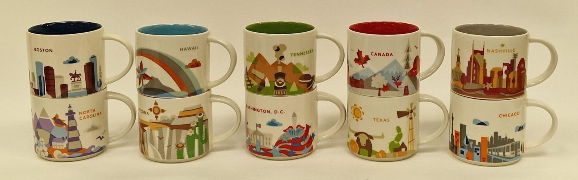Starbucks "You Are Here" collection of U.S. and other porcelain mugs to include Boston, Texas,