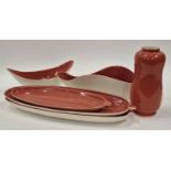 Poole Pottery Twintone collection in the rarer "Red Indian" colourway to include 699 peanut vase and