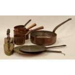 Collection of antique copper and brassware to include saucepans and irons (9).