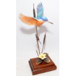 Cold cast bronze figure of a kingfisher amongst bullrushes. Approx 33cms tall including base