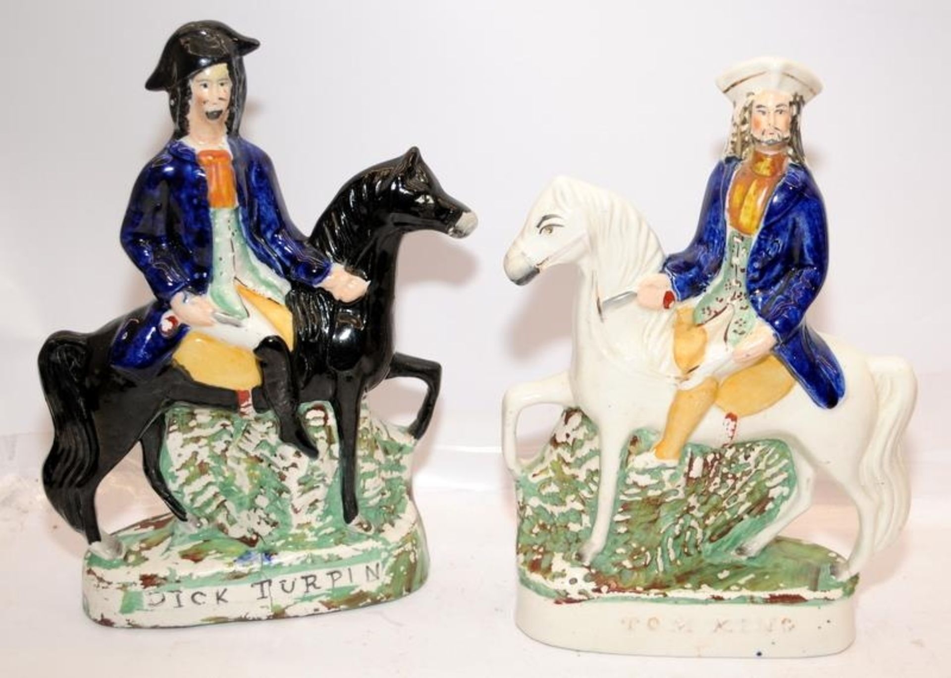 pair of large antique Staffordshire Flatbacks - Dick Turpin and Tom King on horseback. 30cms tall