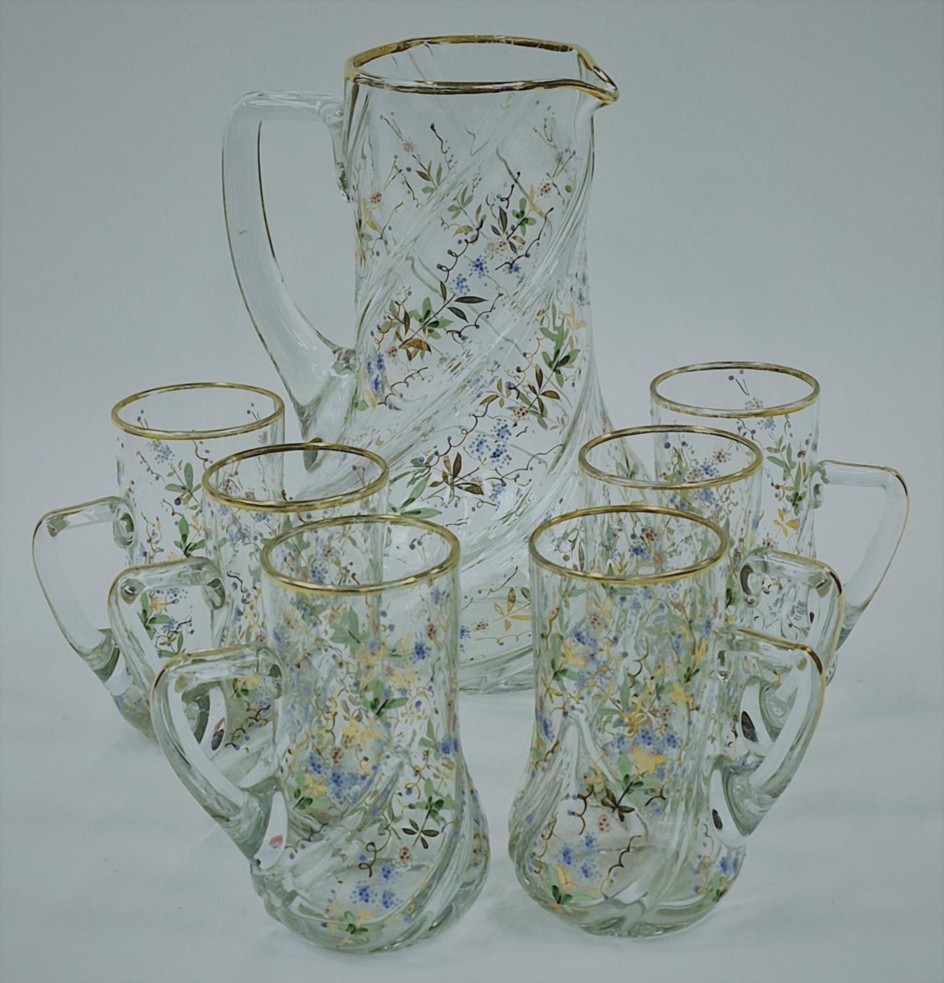 Vintage French mid 20th Century glass lemonade/drink set to include pitcher and six glasses with