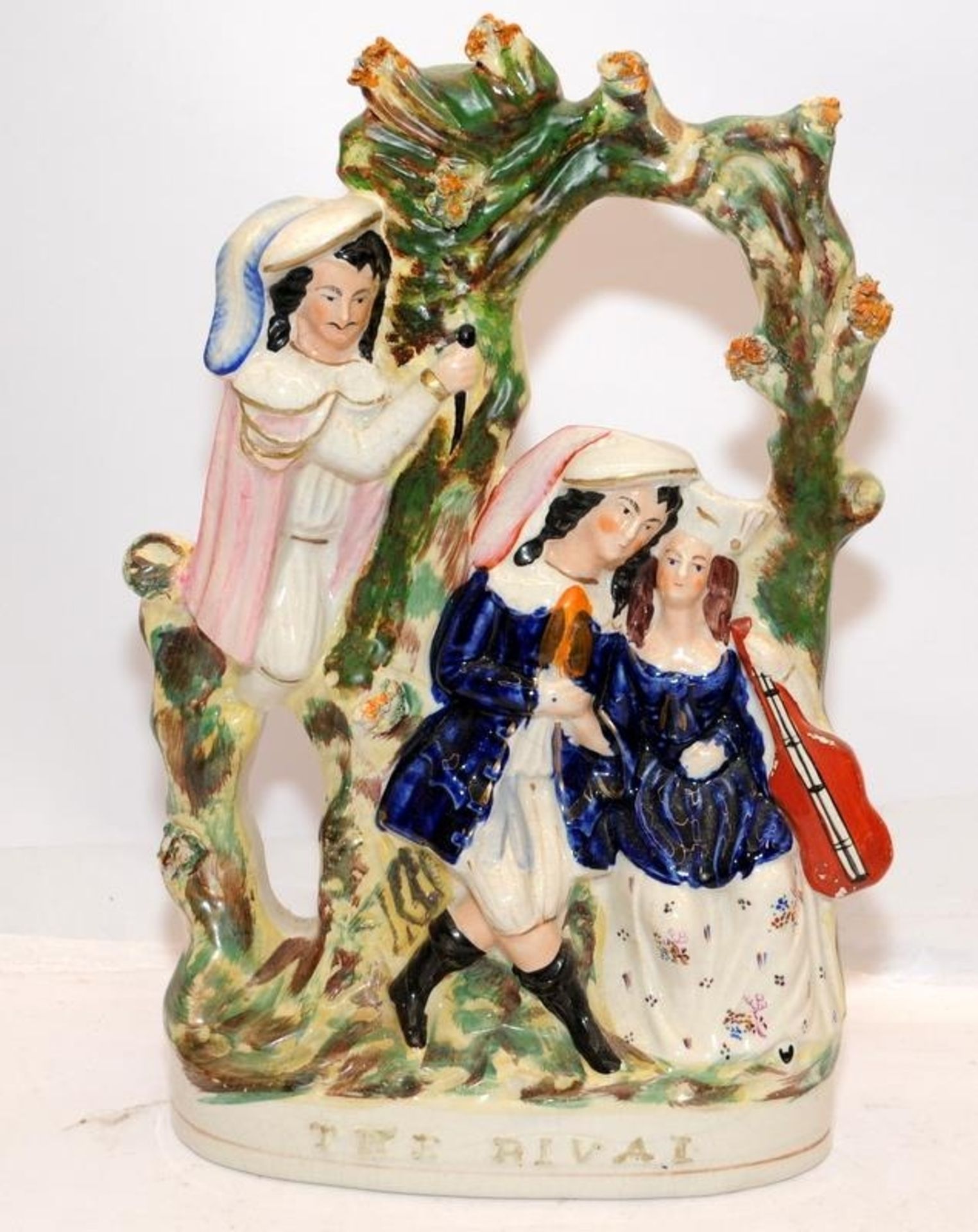 Large antique Staffordshire flatback tableau - The Rival. 35cms tall