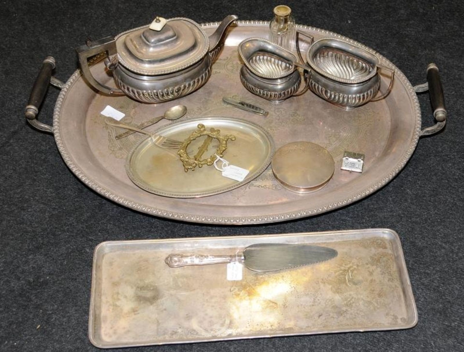 Collection of silver plate to include a large twin handled tray 67cms across including handles