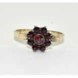 Antique Bohemian garnet 800 silver gilt daisy ring Size Q 1/2.