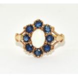 9ct gold ladies Opal and sapphire cluster in the halo design size N