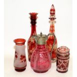 Collection of French rouge glass to include decanters. 5 items in lot, tallest is 39cms