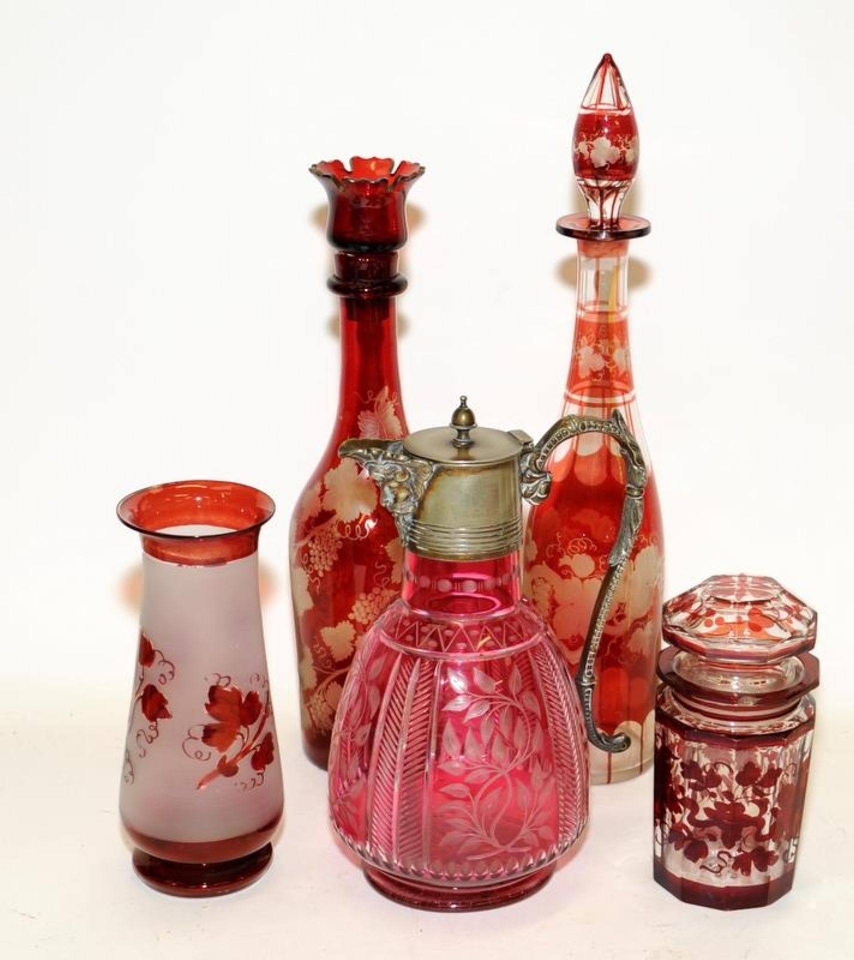Collection of French rouge glass to include decanters. 5 items in lot, tallest is 39cms