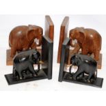 Two pairs of carved wood elephant bookends, the largest being 18cms tall