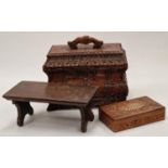 Carved sarcophagus wooden box, folding book stand and a carved table box