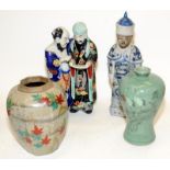 A small collection of Oriental pottery items to include a Kutani scholar group and a blue and