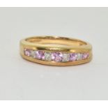 9ct gold ladies Diamond and Pink Tourmaline chanel set ring size M