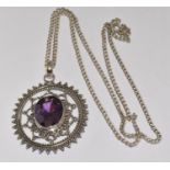 Large Vintage purple gemstone 925 silver ornate pendant.