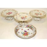 3 x Dresden china footed cake plates c/w a pierced bowl all with gilded accents and hand painted
