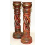 Large pair of floor standing Oriental carved wooden candlesticks / torchiere. 53cms tall