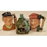 Derek Fowler night light "The Village Shop" together 2 Royal Doulton character jugs Golfer and