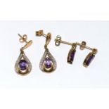 2 pairs Amethyst earrings to include diamond