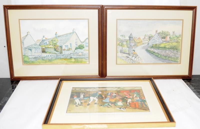 Pair of framed watercolours of local Dorset scenes, one described as Kingston Village - Dorset,