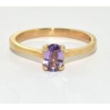 9ct gold ladies Amethyst solitaire ring size M