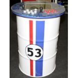 Retro freestanding gaming station mounted in the style of an oil drum in 'Herbie' decals. No cables,