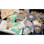A collection of mixed GB and World bank notes and coins. Lot includes silver coins, a 1oz silver