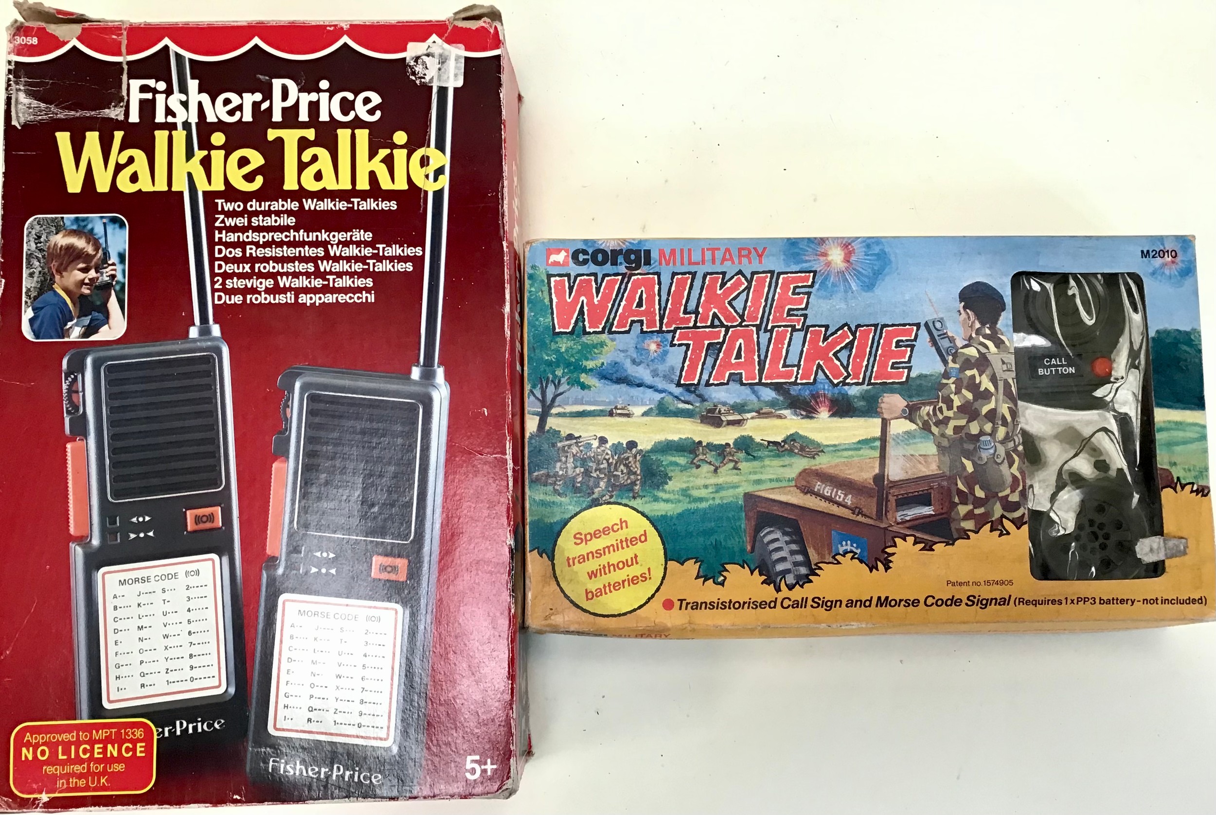 Vintage boxed Walkie Talkie sets. From 1983 we have a Fisher Price Sky Talkers Walkie Talkie