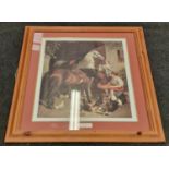 Pine framed horse print "Stable Courtyard" by J F Herring 90x80cm